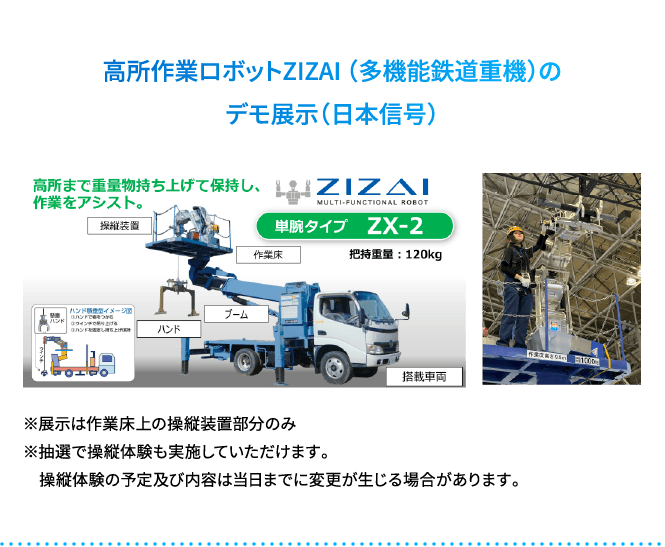 高所作業ロボットZIZAI （多機能鉄道重機）のデモ展示（日本信号）※展示は作業床上の操縦装置部分のみ ※抽選で操縦体験も実施していただけます。操縦体験の予定及び内容は当日までに変更が生じる場合があります。